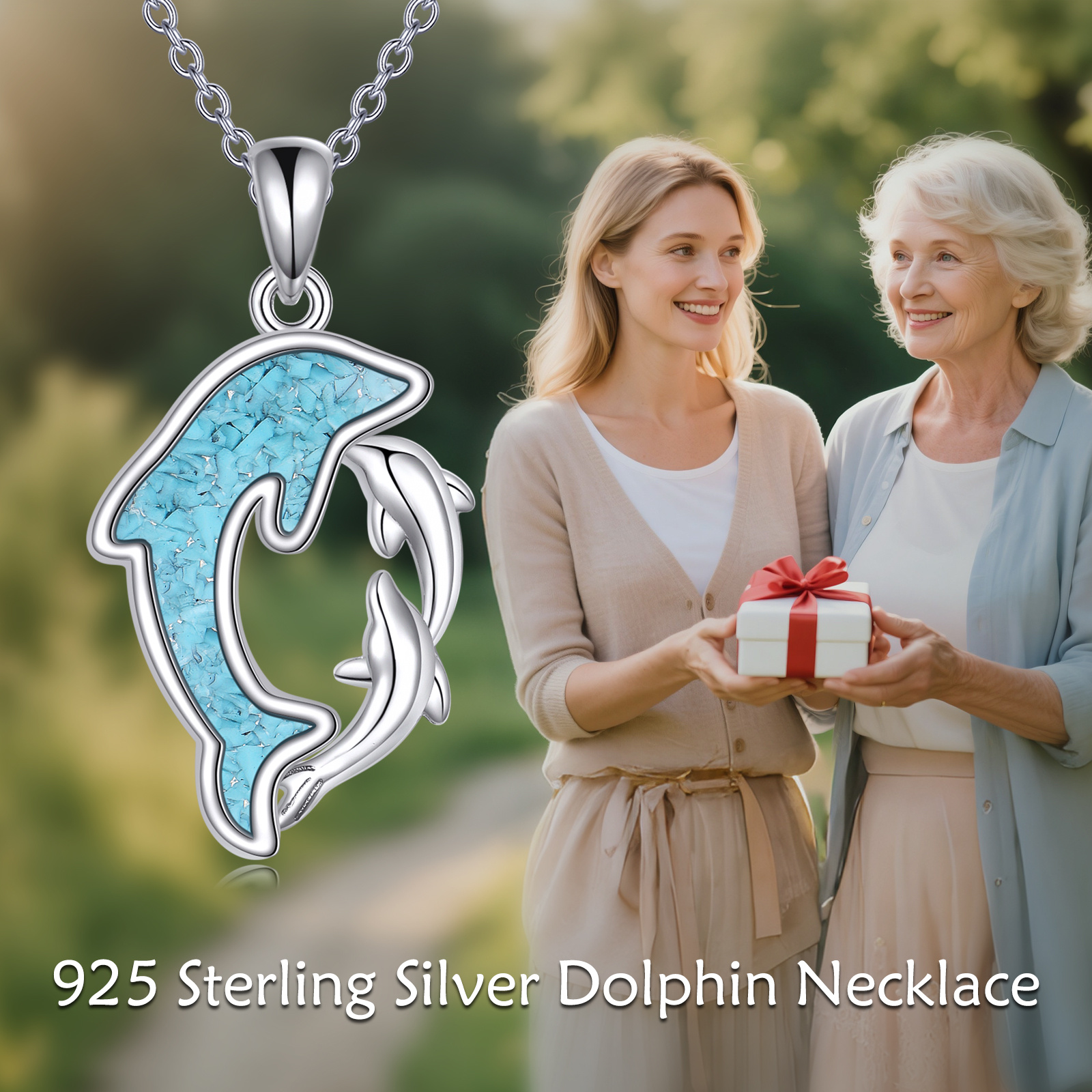 925 Sterling Silver Synthetic Turquoise Dolphin Necklace